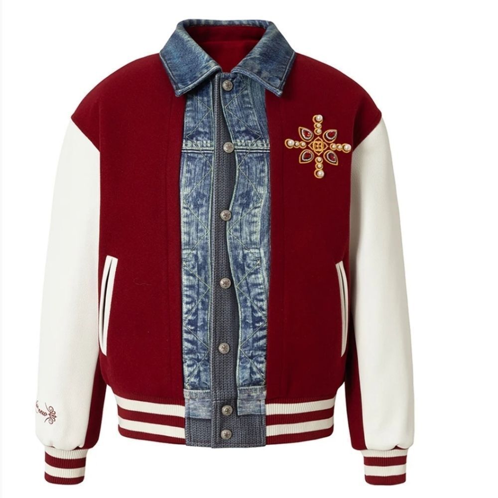 Men's Maroon and White Bomber Varsity Jacket with Denim Trim
